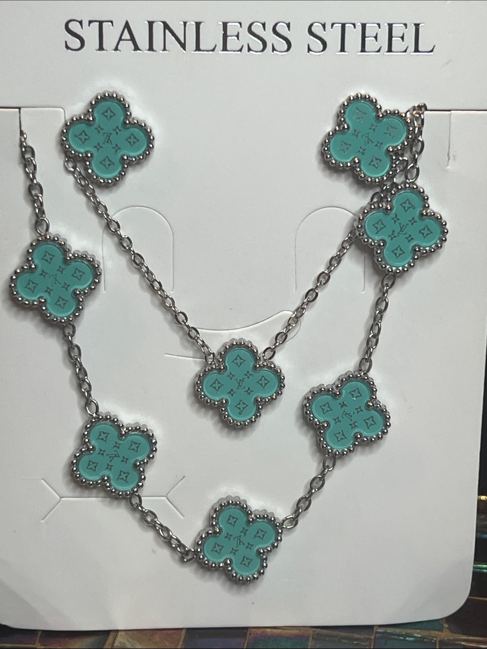 Stainless Steel Turquoise Clover Pendant Necklace Set